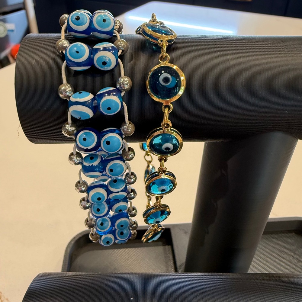 Mediterranean Statement Evil Eye Nazar Bracelet Set Blue Gold Tone 2 Piece